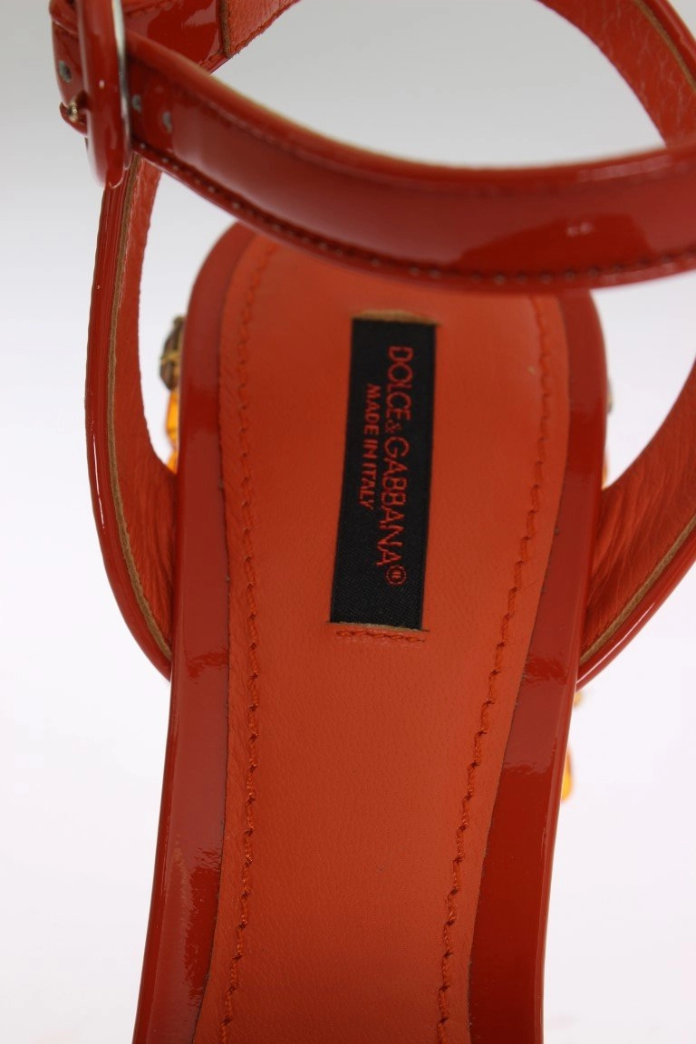 Floral Sandals Orange Leather Crystal Sandals