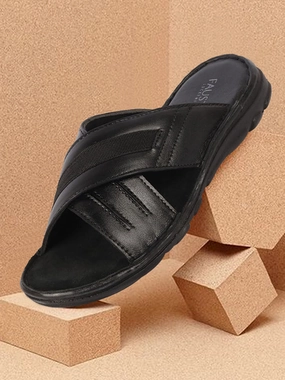 Men Black Genuine Leather Cross Strap Open Toe Suede Leather Insole Slippers Ugg Open Toe Slippers