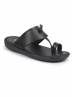 FAUSTO Men Black Toe Ring Kohlapuri Slipper With Cushioned Footbed|Multi Strap Slipper For Evening Bomba Sunday Slippers