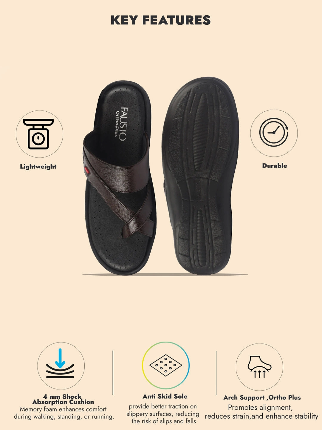 Foamies Slippers FAUSTO Men Brown Toe Ring Flat Dress Slipper With Memory Cushioned|Multi Strap Slipper For Evening|Slippers For Kurta