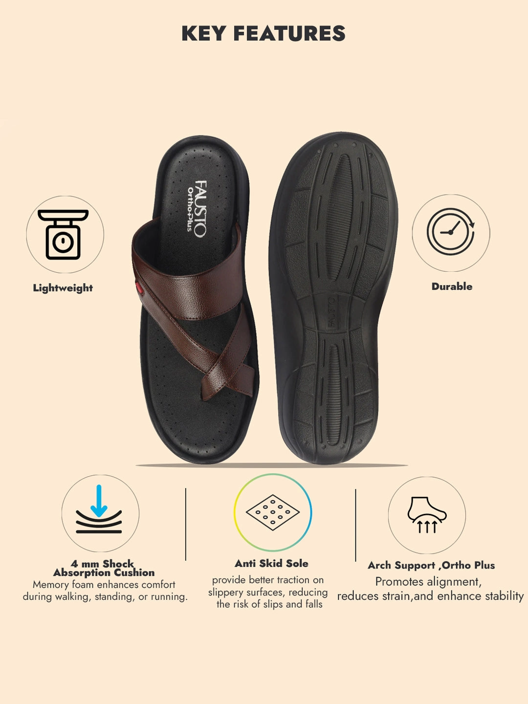 House Shoe Slippers FAUSTO Men Tan Toe Ring Flat Dress Slipper With Memory Cushioned|Multi Strap Slipper For Evening|Slippers For Kurta