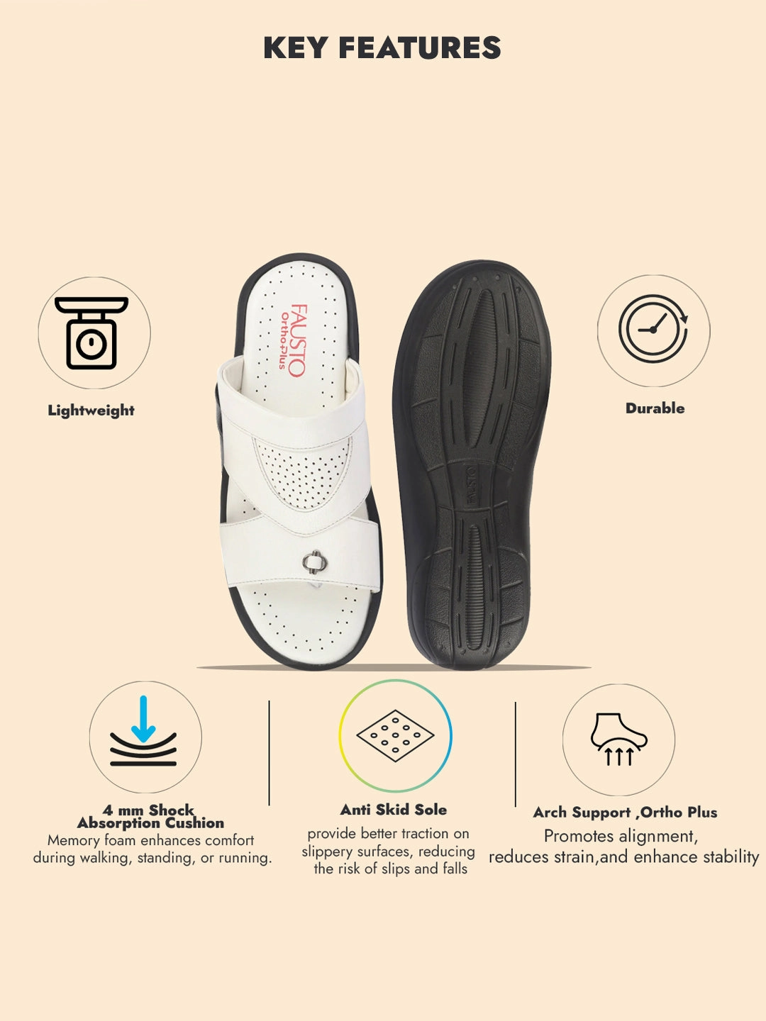 FAUSTO Men White Open Toe Broad Feet Slipper With Memory Cushion|Comfortable Gents Slipper|Sandals For Kurta Easy Slides