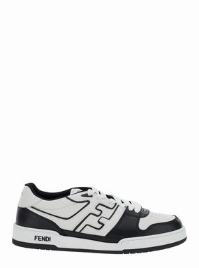 Fendi Men 'Match' White And Black  Low-Top Sneakers With Ff Detail In Leather Man Flat Shoes With Wide Leg Pants