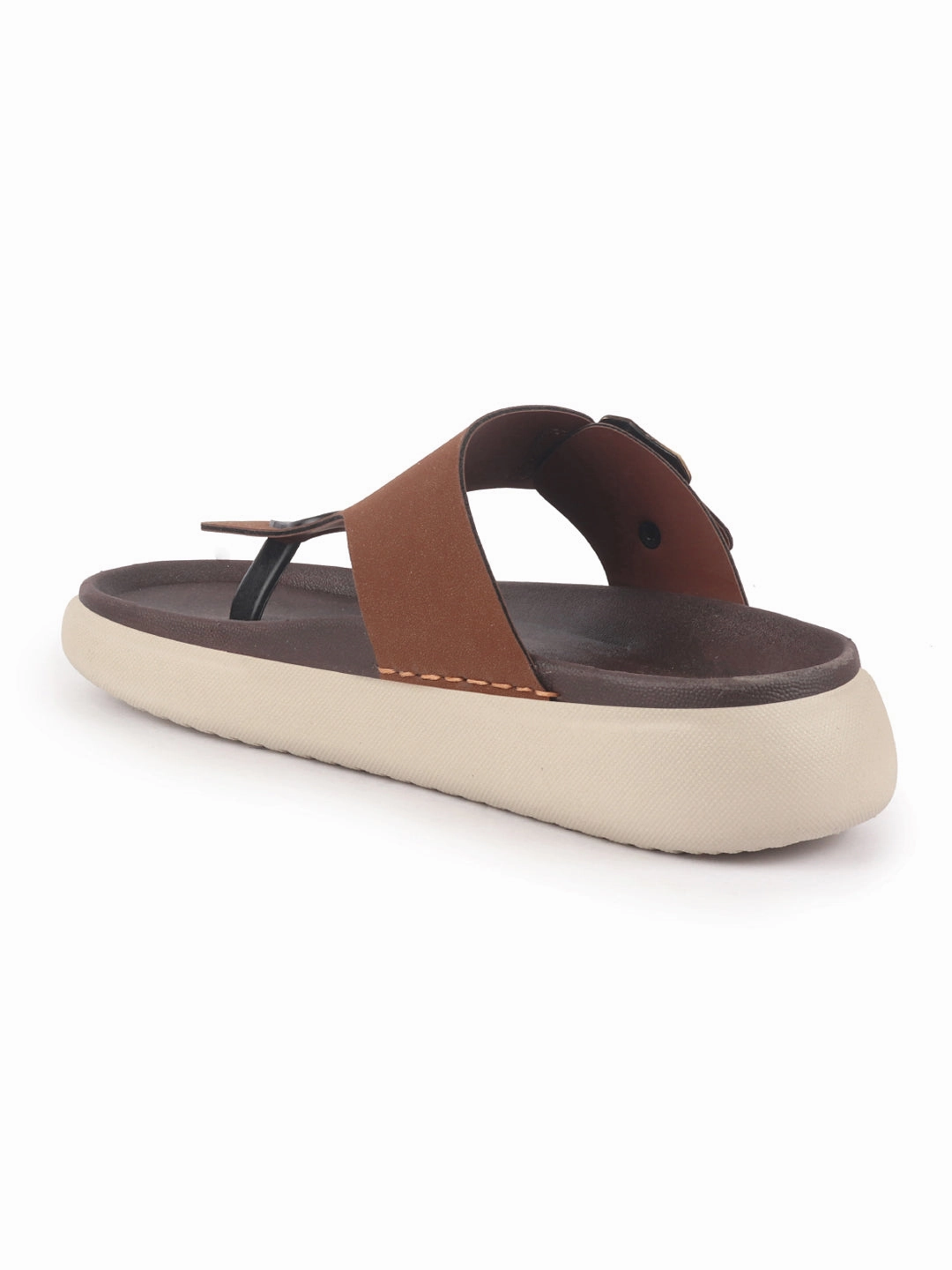 Men Tan Buckle Adjustable T-Strap Side Stitched Summer Waterproof Slip On Sandals|Comfort Featherlite Insole|Thong Slipper for Monsoon Rainy Season Olikai Slippers