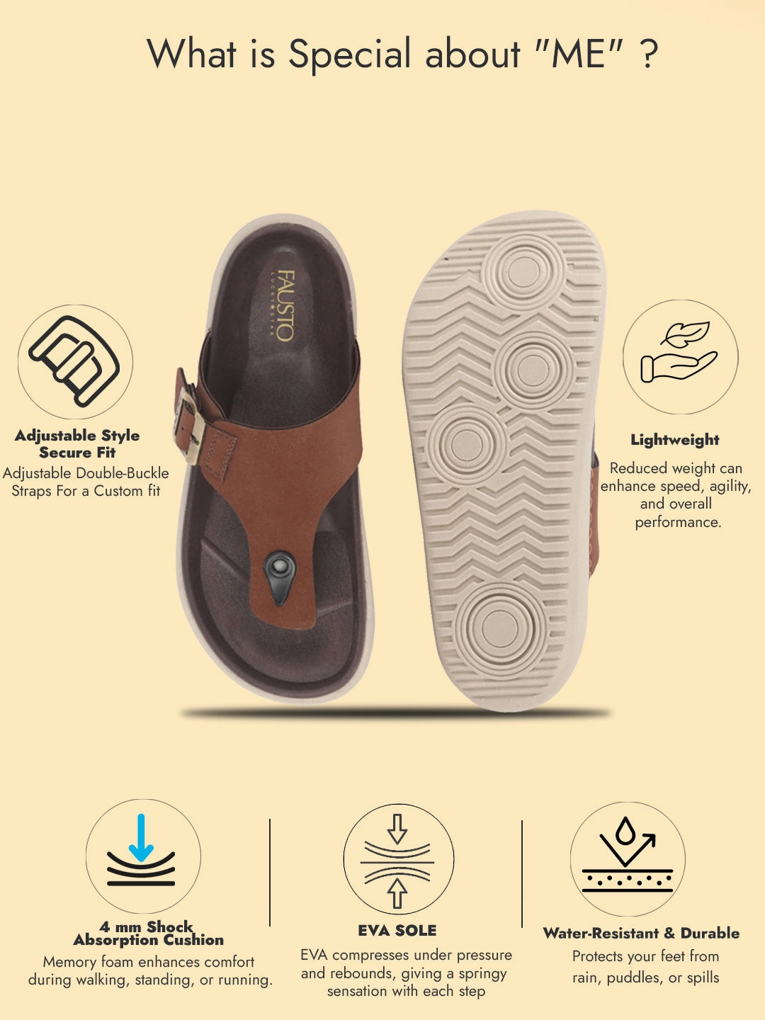 Men Tan Buckle Adjustable T-Strap Side Stitched Summer Waterproof Slip On Sandals|Comfort Featherlite Insole|Thong Slipper for Monsoon Rainy Season High Arch Support Slippers