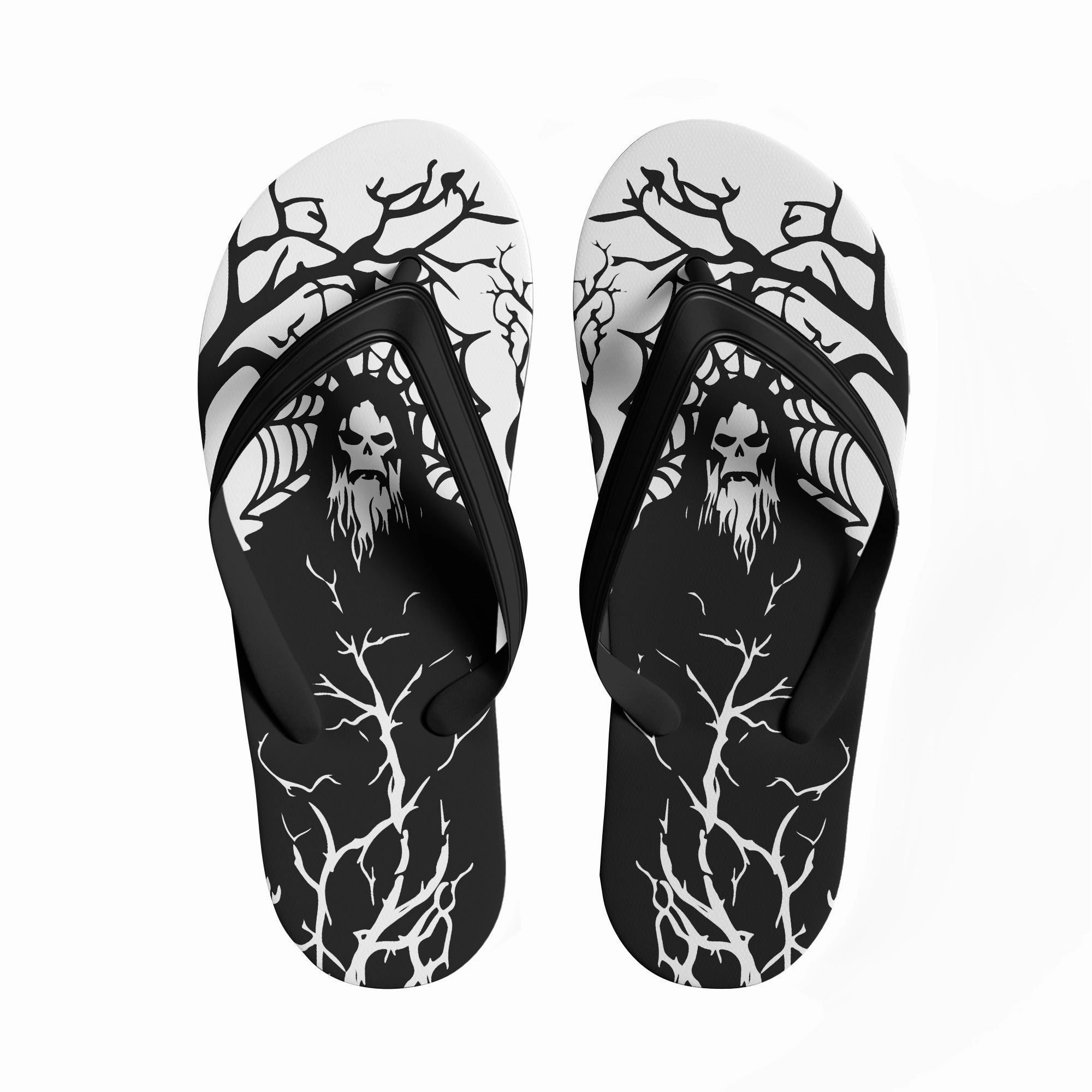 Rainbow Sandals Flip Flops Toponepod Haunted Forest Skull Flip Flops | Black & White Grim Sandals with Spooky Tree and Demon Art | FN058-25023046-3