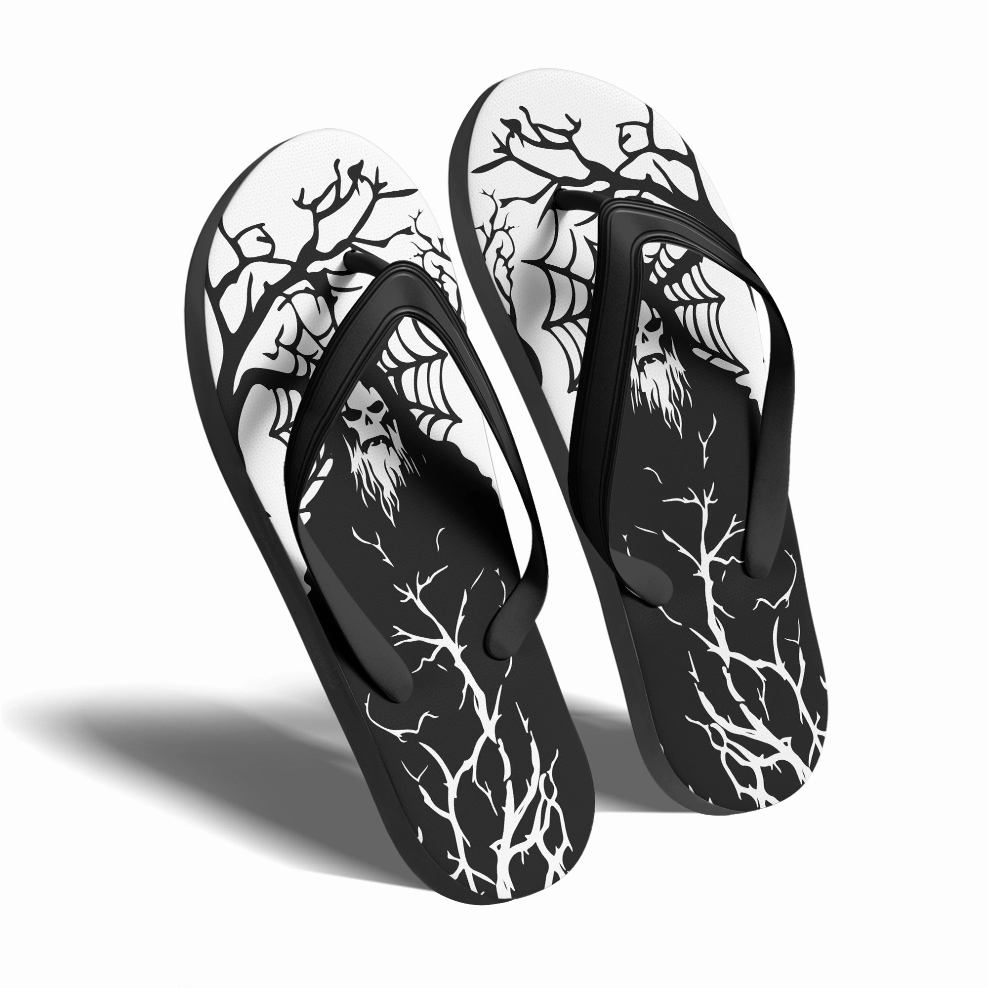 Flip Flops Made From Recycled Materials Toponepod Haunted Forest Skull Flip Flops | Black & White Grim Sandals with Spooky Tree and Demon Art | FN058-25023046-3