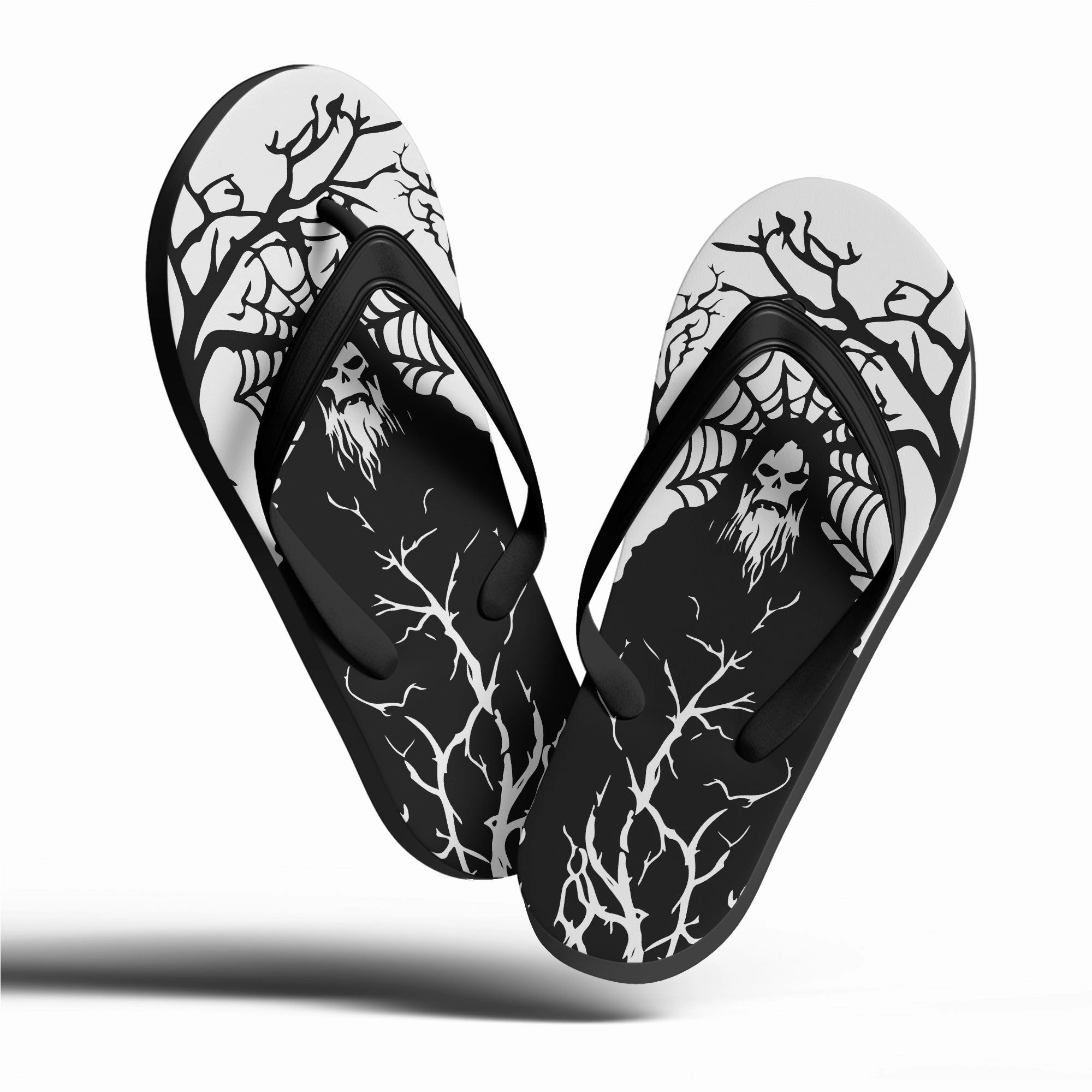 Best Flip Flops 2022 Toponepod Haunted Forest Skull Flip Flops | Black & White Grim Sandals with Spooky Tree and Demon Art | FN058-25023046-3