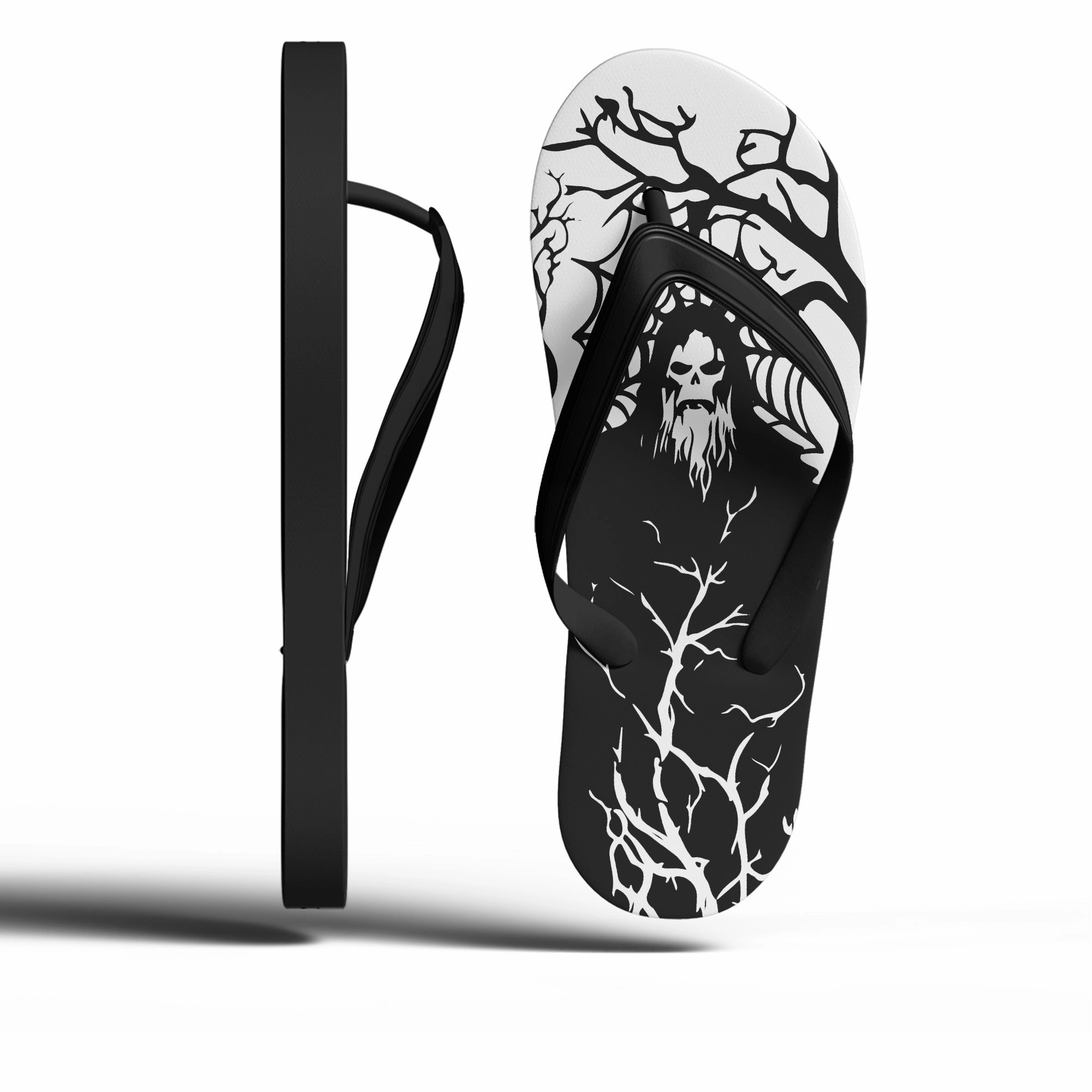 Toponepod Haunted Forest Skull Flip Flops | Black & White Grim Sandals with Spooky Tree and Demon Art | FN058-25023046-3 Spirit Flip Flops