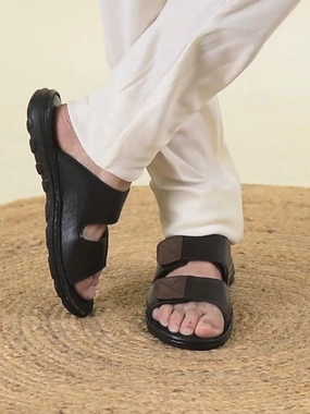 Men Black Genuine Leather Adjustable Velcro Strap Broad Feet Open Toe Suede Leather Insole Slippers Desinger Slides