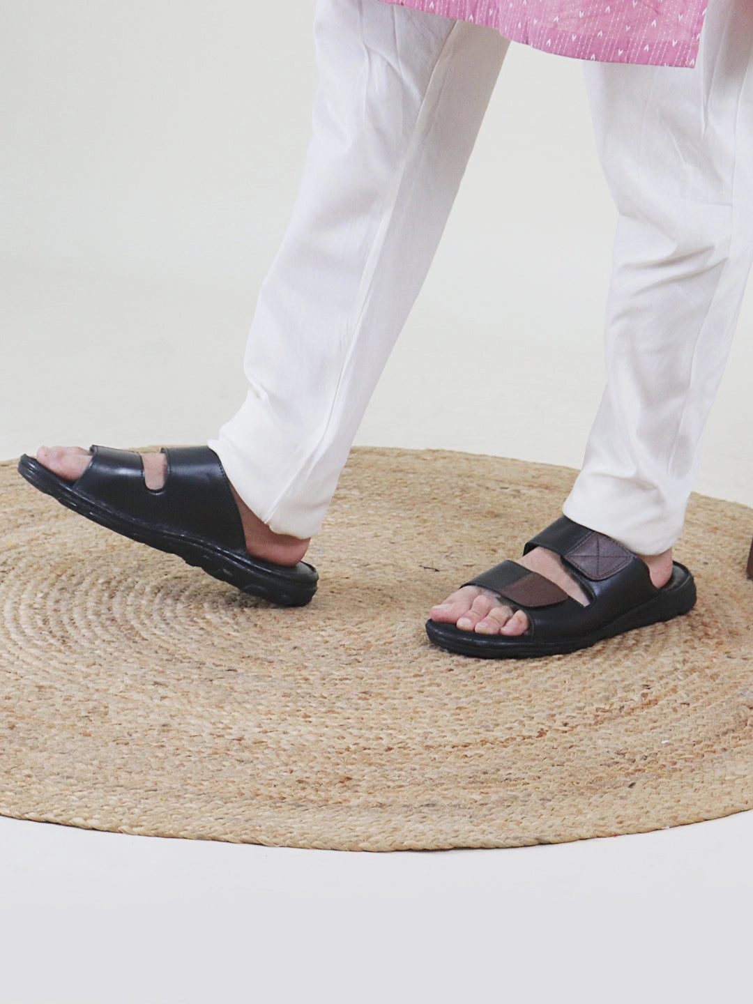 Men Black Genuine Leather Adjustable Velcro Strap Broad Feet Open Toe Suede Leather Insole Slippers Fluffy Bedroom Slippers