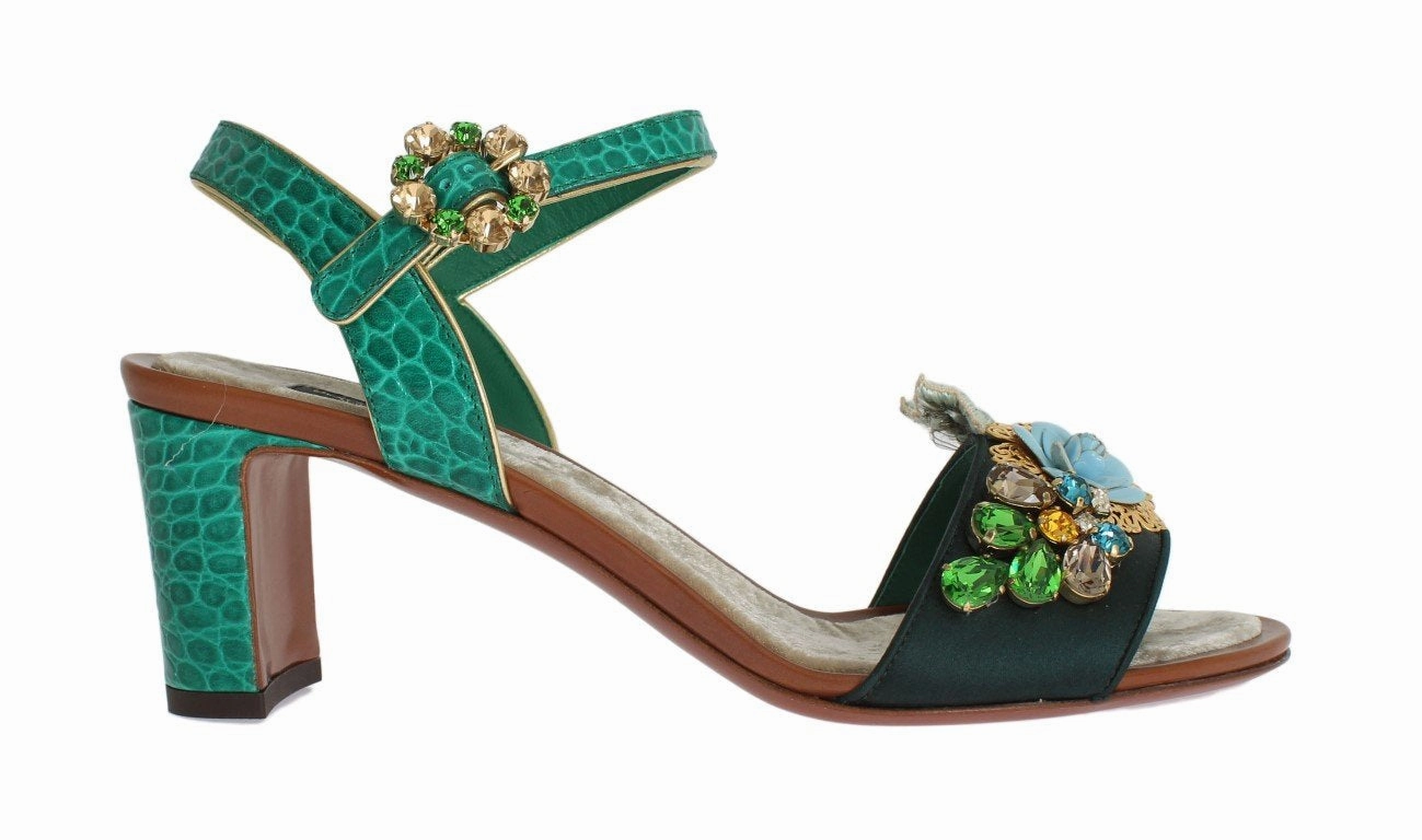 Green Floral Crystal Leather Sandals Sandals Porn