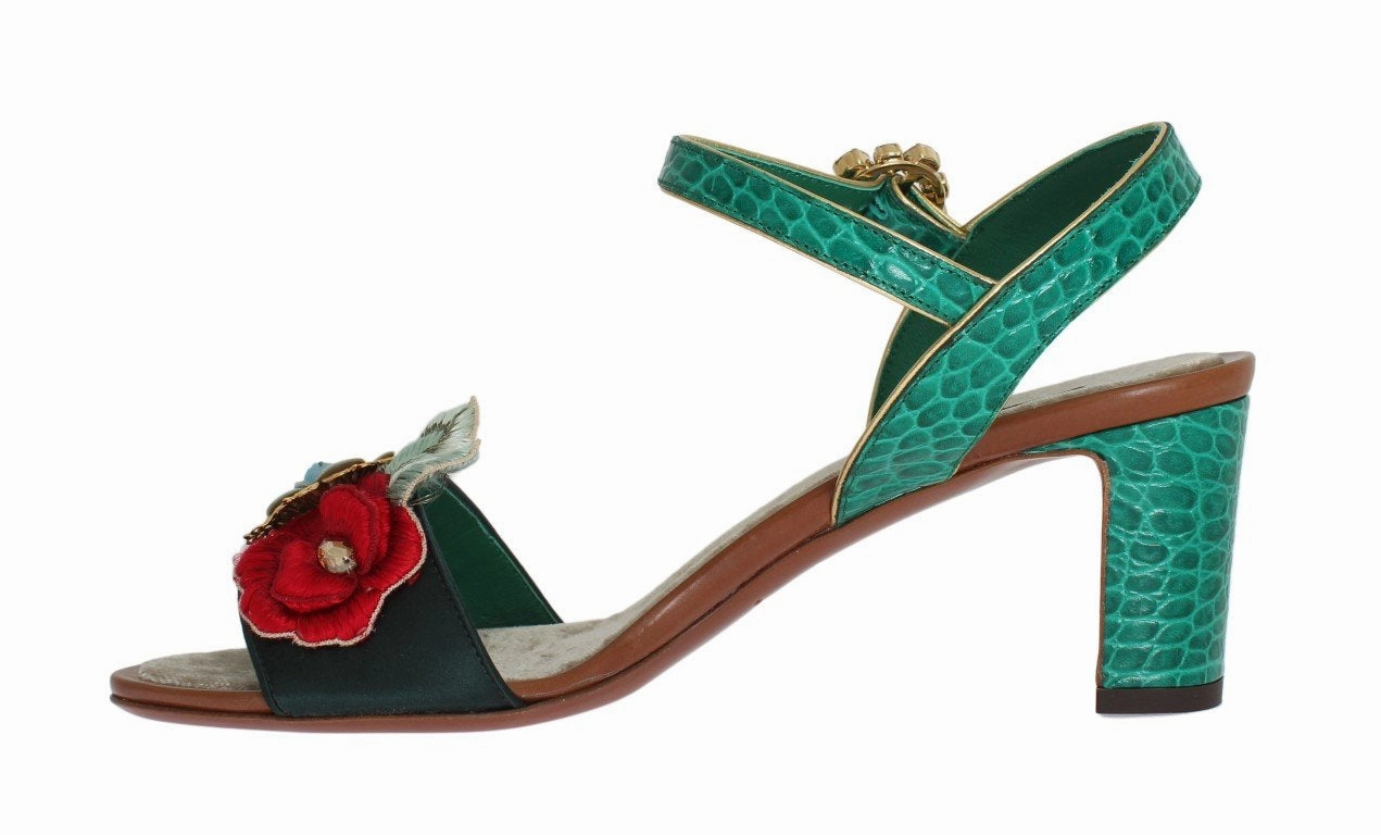 Green Floral Crystal Leather Sandals Sandals Cycling