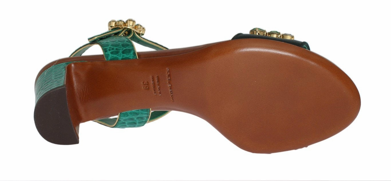 Sandals Italy Green Floral Crystal Leather Sandals