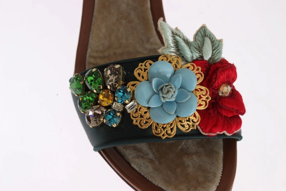 Green Floral Crystal Leather Sandals Starla Sandals