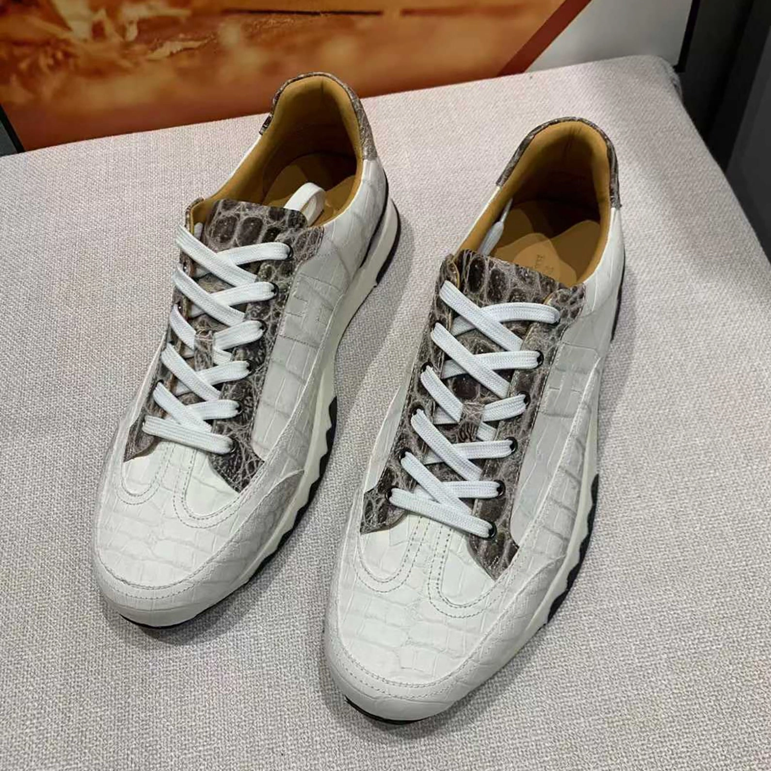 Vegas Sneakers Handmade White Belly Alligator Sneakers for Men  Premium Mens Himalaya Alligator Skin Sneakers with Luxury Street Style