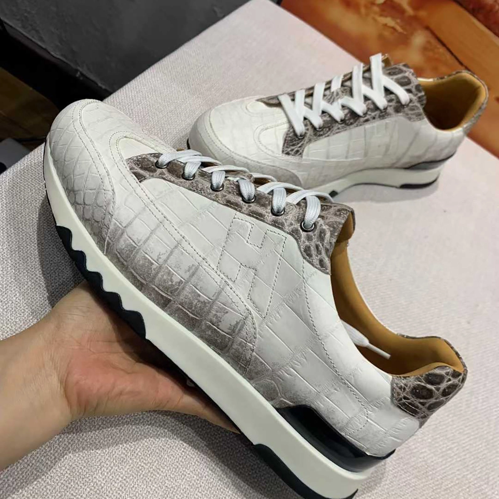 Handmade White Belly Alligator Sneakers for Men  Premium Mens Himalaya Alligator Skin Sneakers with Luxury Street Style Nike Dress Sneakers