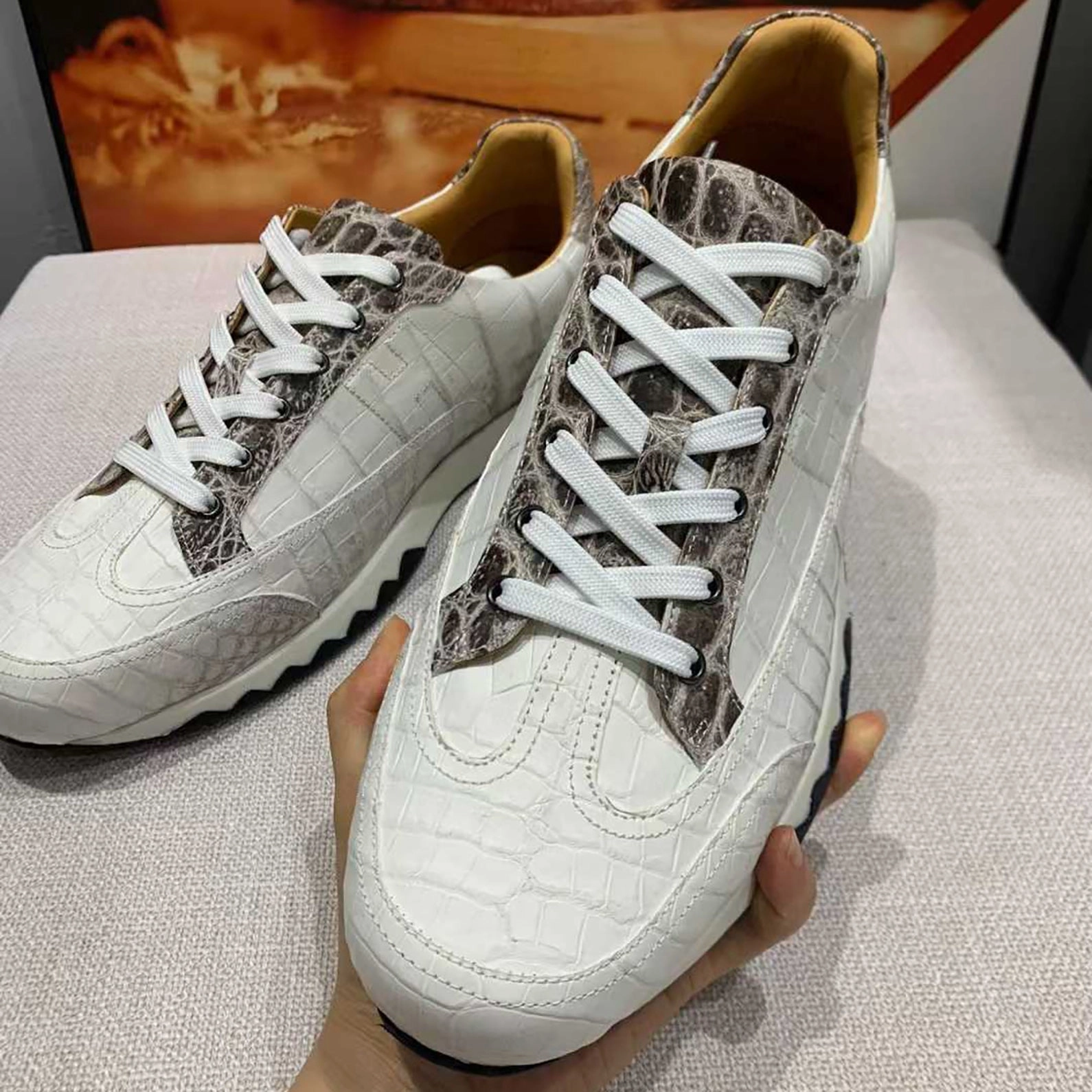 Fake Sneakers Handmade White Belly Alligator Sneakers for Men  Premium Mens Himalaya Alligator Skin Sneakers with Luxury Street Style
