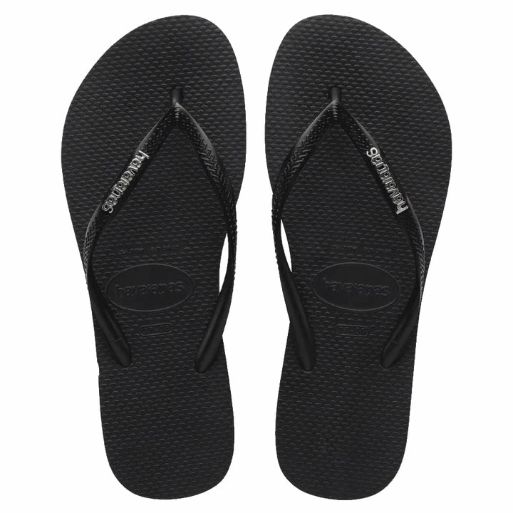 Havaianas Slim Logo Metallic Flip Flops - Black / Silver Arch Support Flip Flops