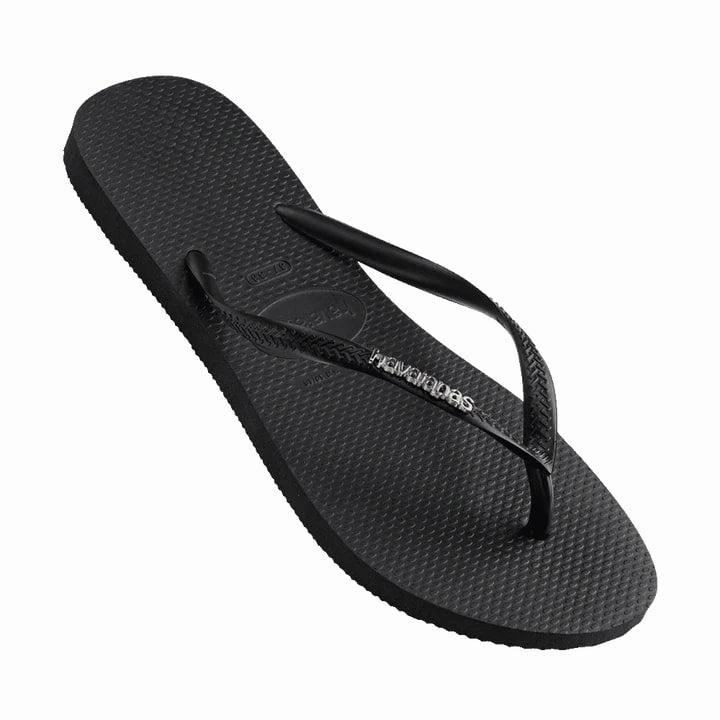 Thin Strap Leather Flip Flops Havaianas Slim Logo Metallic Flip Flops - Black / Silver