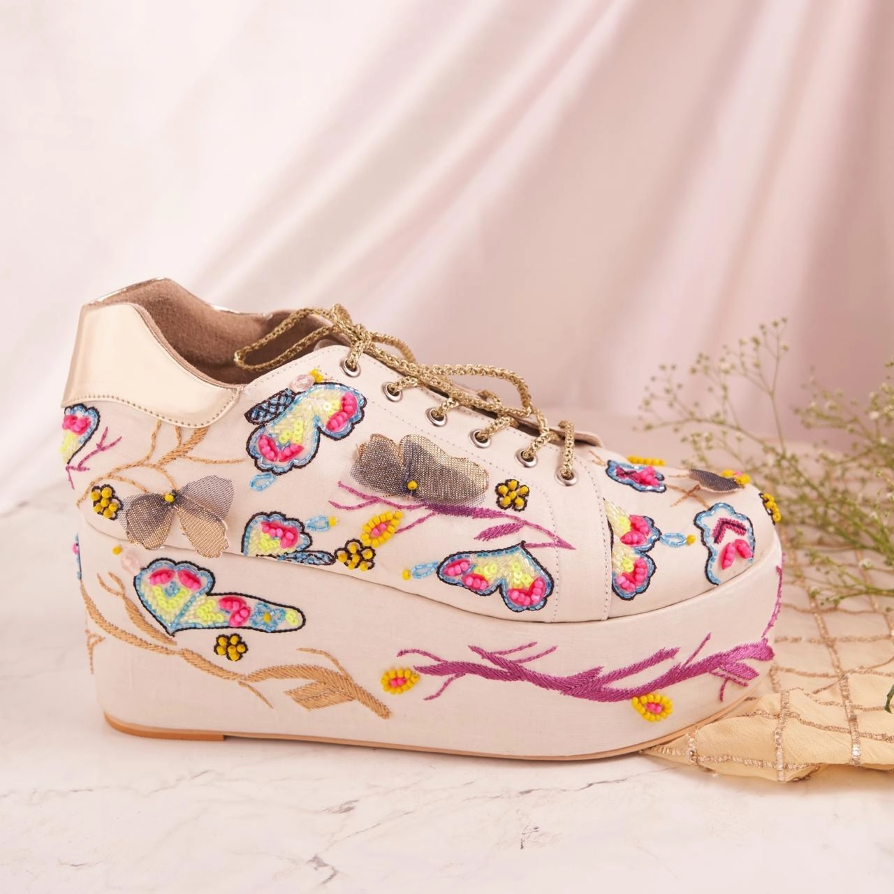 Sneakers Wu Tang Butterfly Neon Beaded Sneakers  Fully Cushioned Platform shoes (White)
