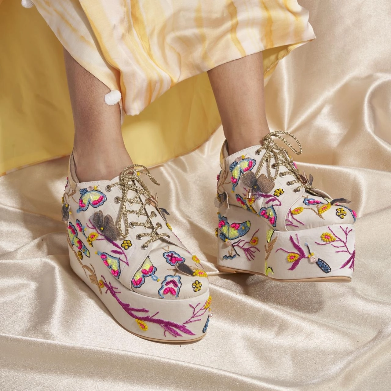 Butterfly Neon Beaded Sneakers  Fully Cushioned Platform shoes (White) Crib Sneakers