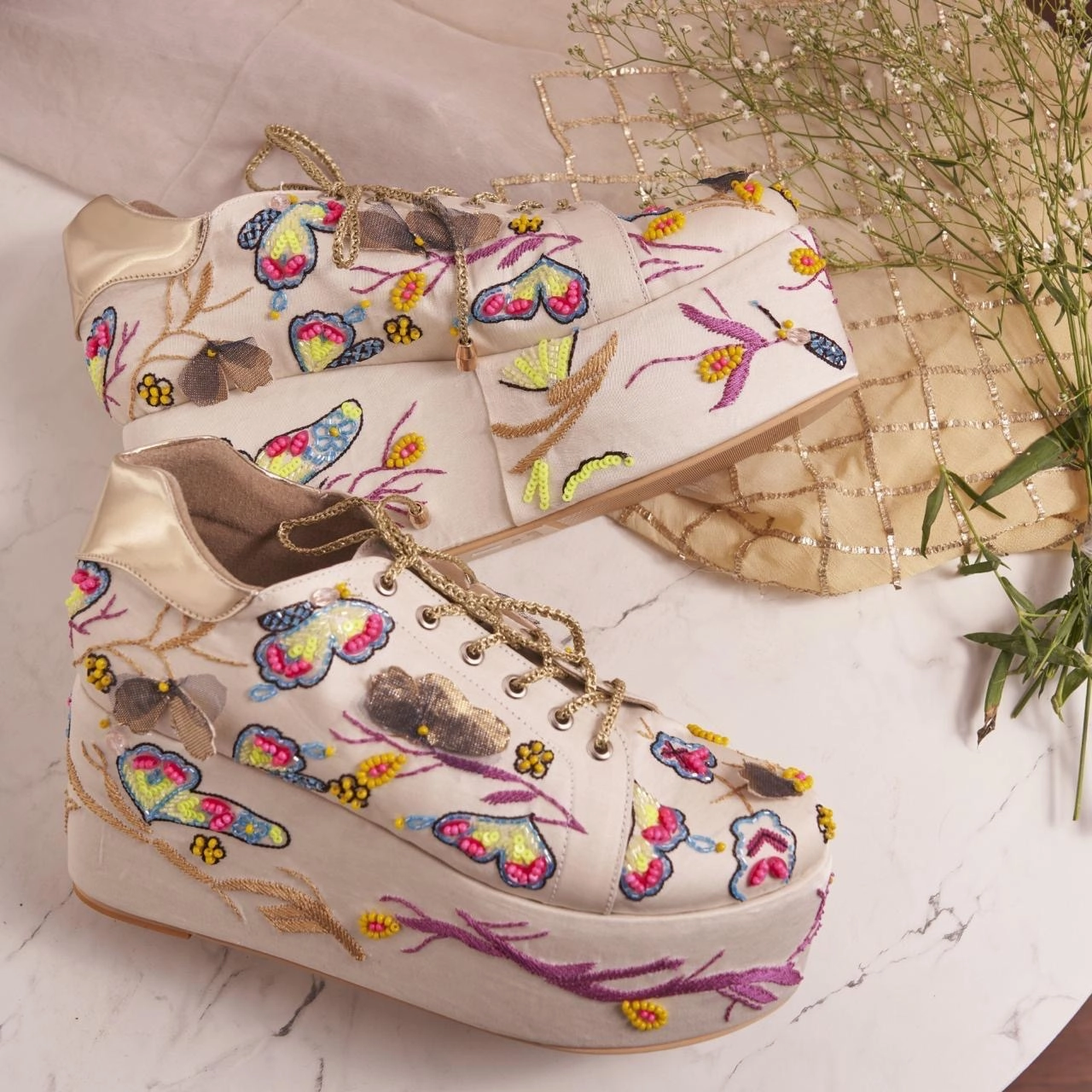 Butterfly Neon Beaded Sneakers  Fully Cushioned Platform shoes (White) Heel Sneakers