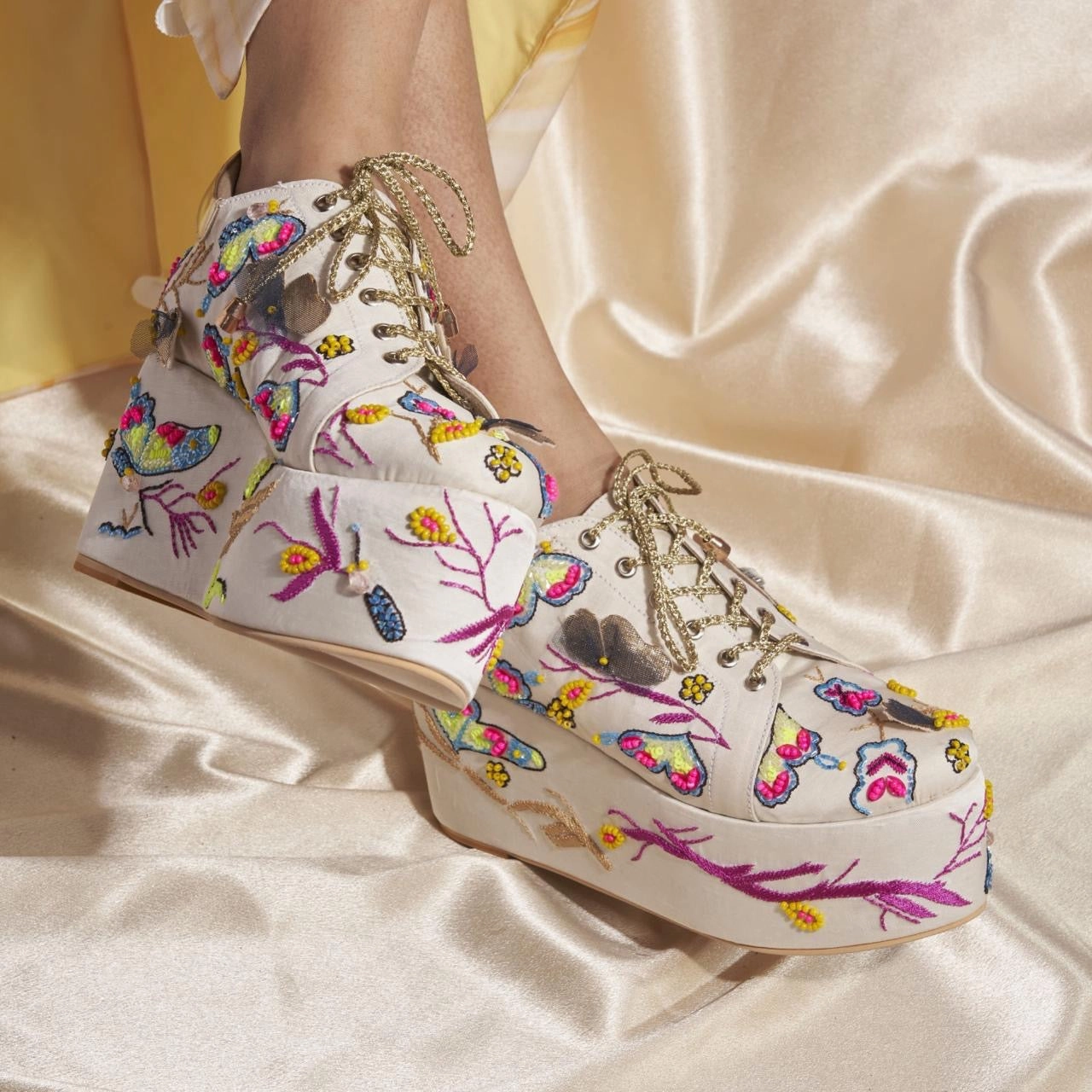 Sneakers Store Butterfly Neon Beaded Sneakers  Fully Cushioned Platform shoes (White)