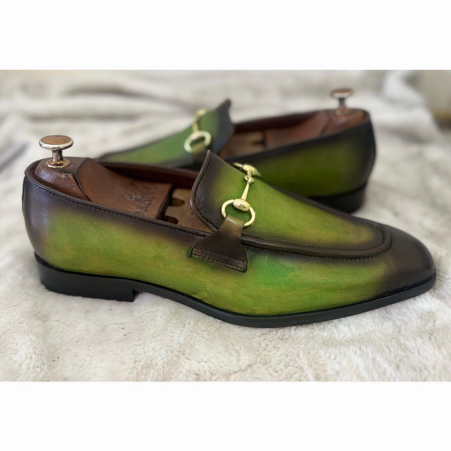 Horsebit Loafers Green Hand Finished Taupe Loafers