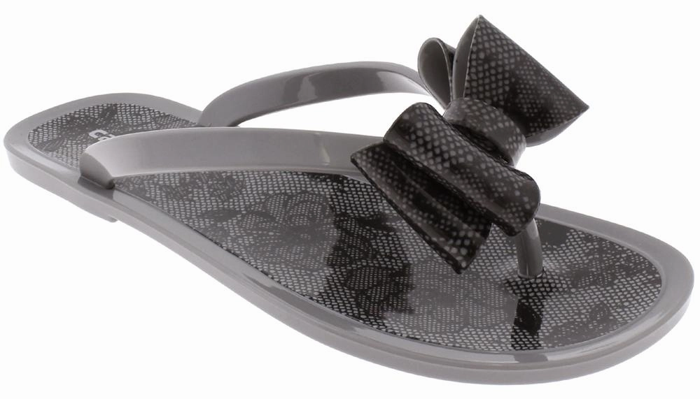 Patent Leather Flip Flops Ladies Grey Floral Pom Opaque Jelly Flip Flops