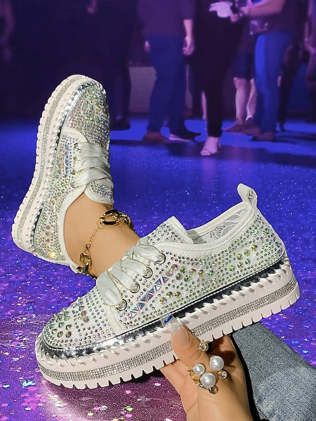 with Rhinestone Sneakers Sparkling Women's Accents Silver Sneakers Rubber Running Shoes
