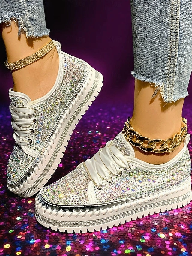 Turf Sneakers Football with Rhinestone Sneakers Sparkling Women's Accents Silver