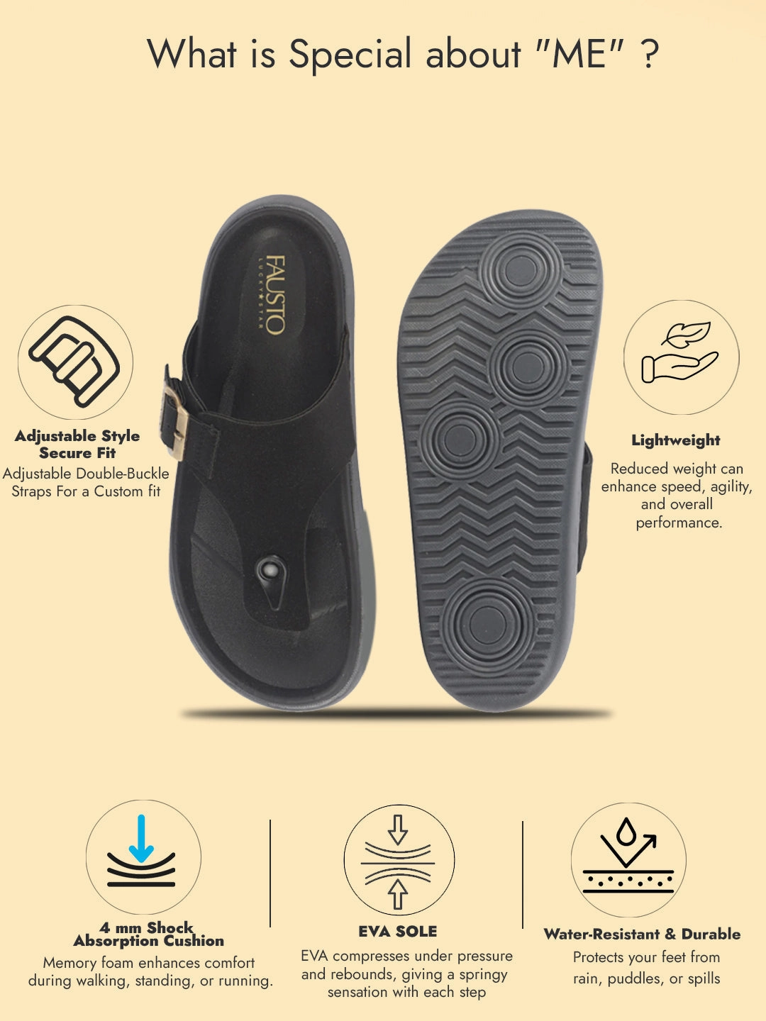 Men Black Buckle Adjustable T-Strap Side Stitched Summer Waterproof Slip On Sandals|Comfort Featherlite Insole|Thong Slipper for Monsoon Rainy Season Domo Kun Slippers
