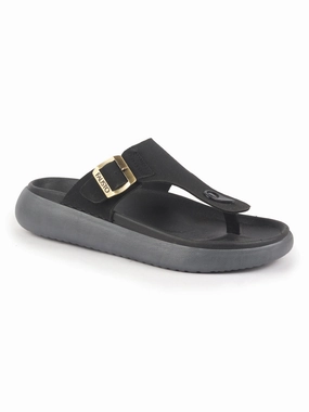 Men Black Buckle Adjustable T-Strap Side Stitched Summer Waterproof Slip On Sandals|Comfort Featherlite Insole|Thong Slipper for Monsoon Rainy Season Chinese Velvet Slippers