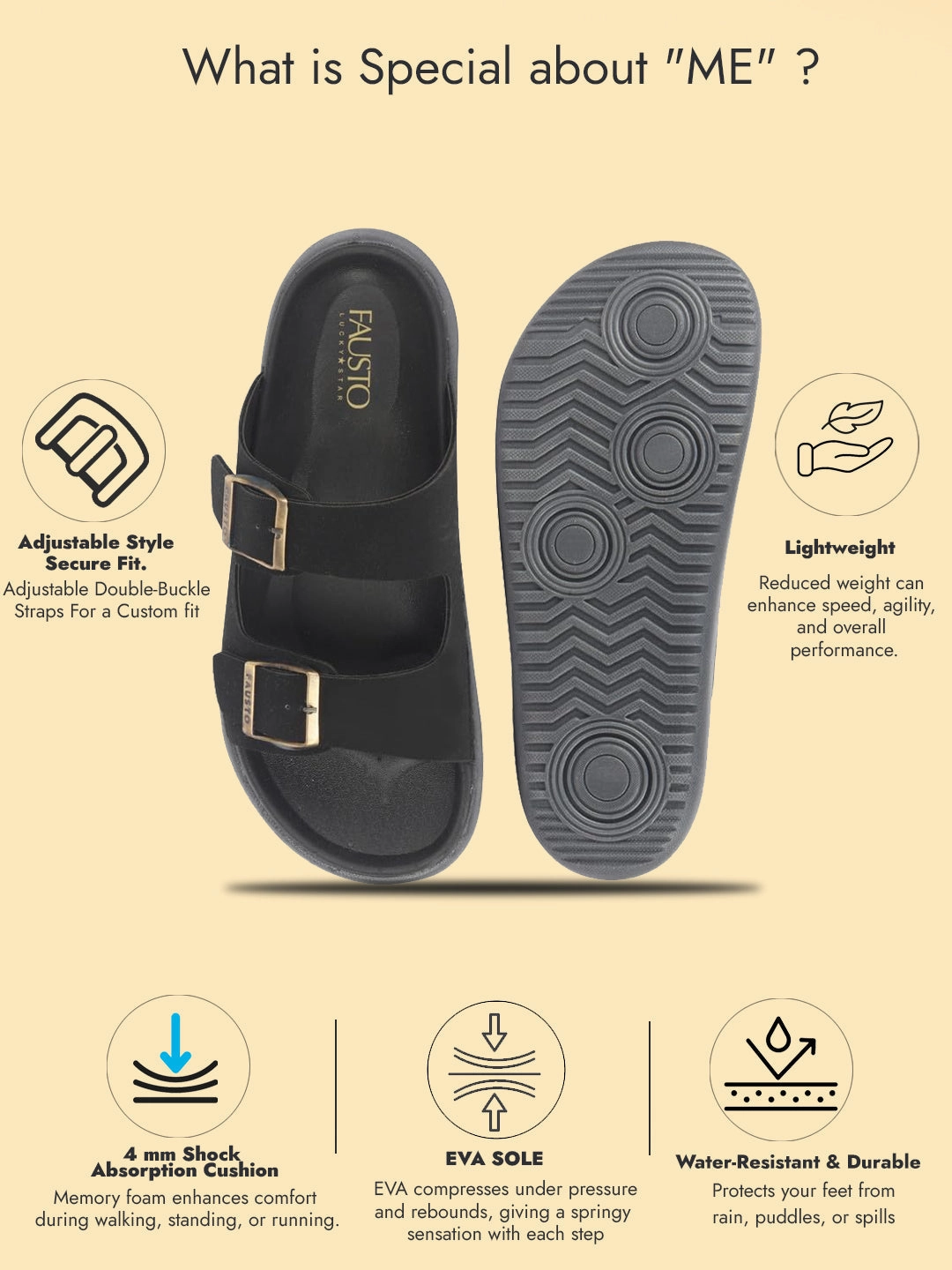 Cozette Slide Men Black Open Toe Buckle Strap Stitched Waterproof Sandals|Soft Cushioned Insole|Summer Slip-On Slipper|Perfect For Monsoon Rainy Season