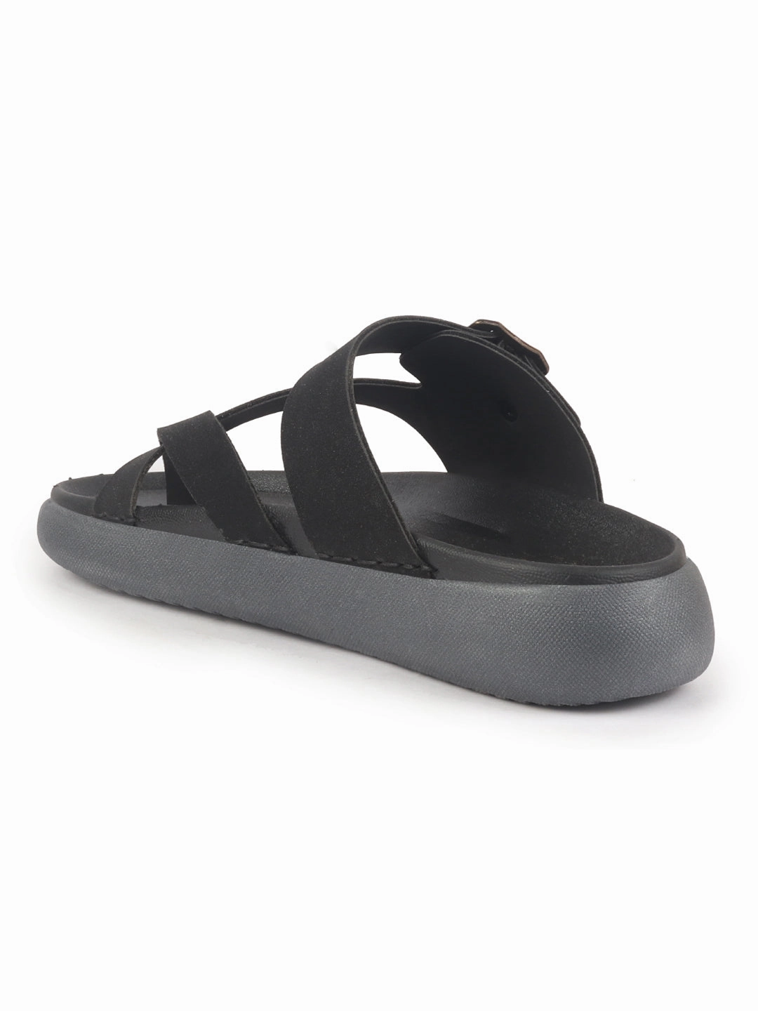 Dearfoam Slippers Men Black Toe Ring Criss Cross Buckle Strap Side Stitched Waterproof Summer Slip On Sandals|Comfort Sole|Lightweight Slippers for Rainy Monsoon Season