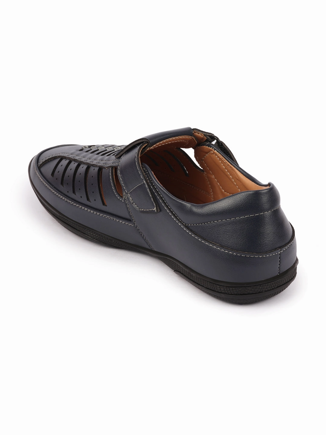 Men Blue Laser Cut and Stitched Design Roman Sandal with Buckle Strap Chaco Sandals Sale