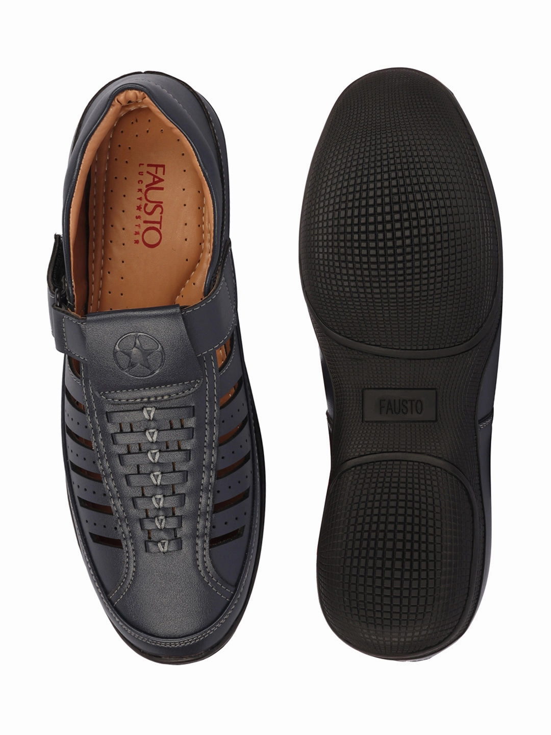 Men Blue Laser Cut and Stitched Design Roman Sandal with Buckle Strap Steve Madden Sandals