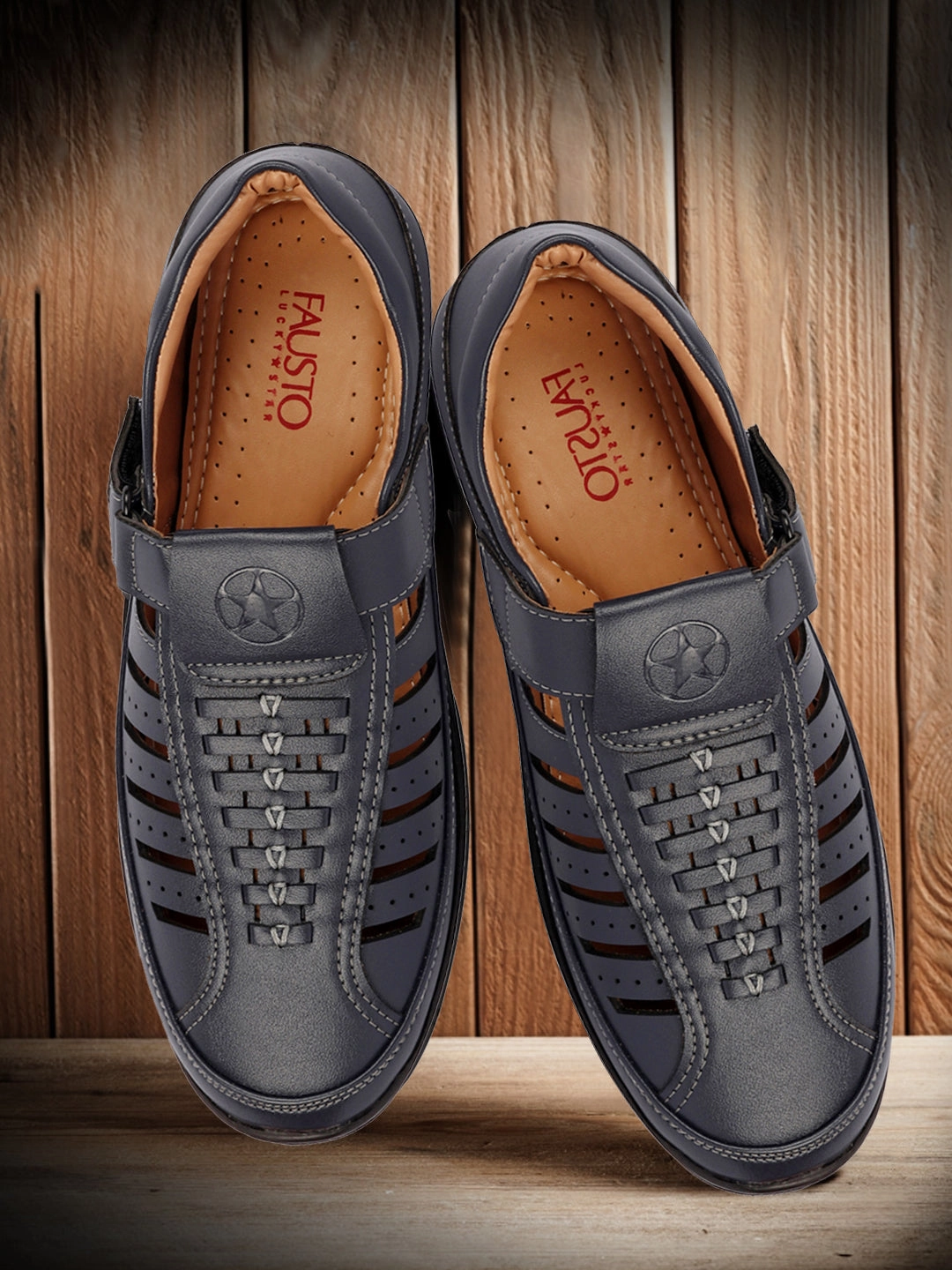 Men Blue Laser Cut and Stitched Design Roman Sandal with Buckle Strap Sandals Definition