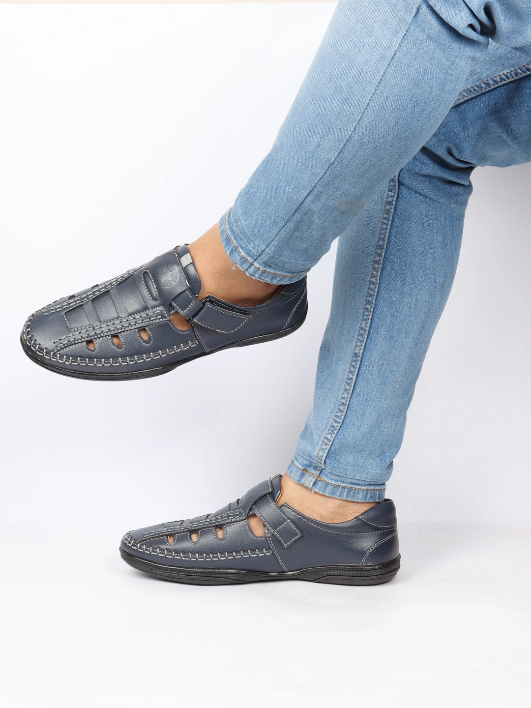 Studded Platform Sandals Men Blue Open Sided Stitched Laser Cut Design Roman Sandals with Ankle Strap