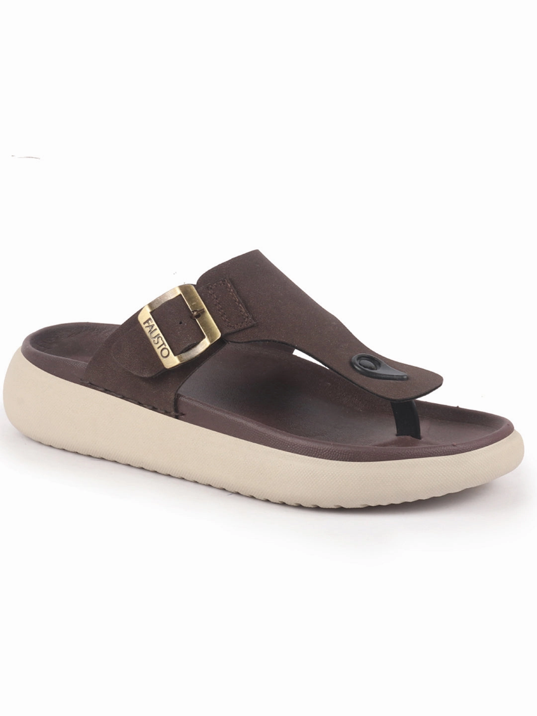 Men Brown Buckle Adjustable T-Strap Side Stitched Summer Waterproof Slip On Sandals|Comfort Featherlite Insole|Thong Slipper for Monsoon Rainy Season Tennis Shoes Slippers