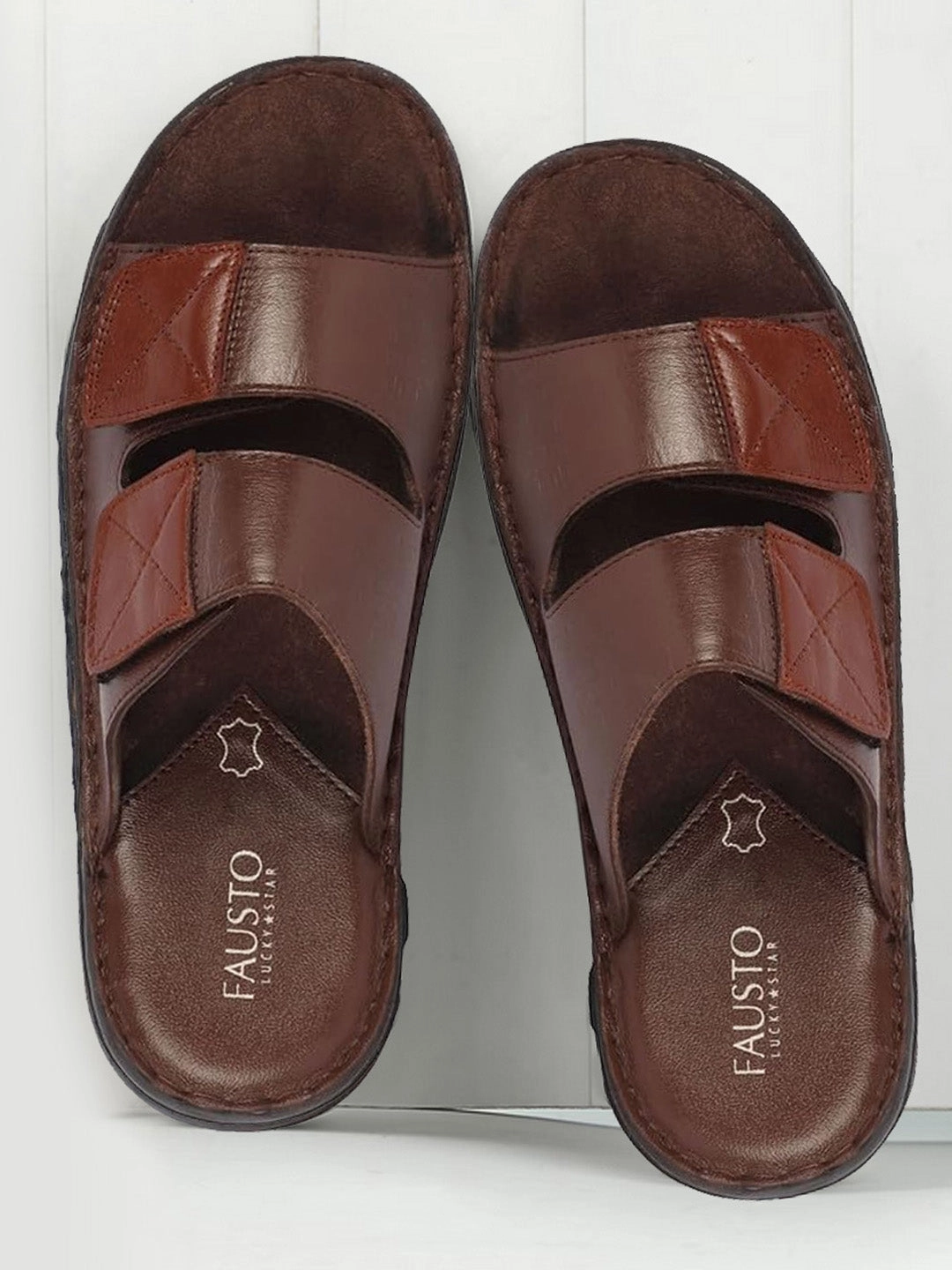 Men Brown Genuine Leather Adjustable Velcro Strap Broad Feet Open Toe Suede Leather Insole Slippers The Most Comfortable Slippers