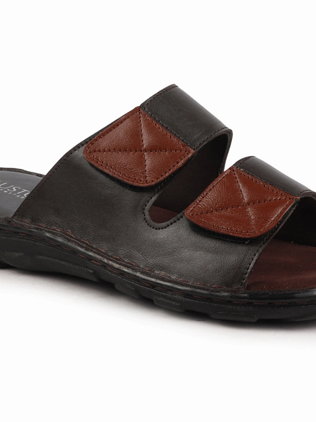 Men Dark Brown Genuine Leather Adjustable Velcro Strap Broad Feet Open Toe Suede Leather Insole Slippers Slip For Sale