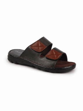 Men Dark Brown Genuine Leather Adjustable Velcro Strap Broad Feet Open Toe Suede Leather Insole Slippers Football Slippers