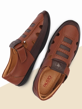 Payless Shoes Sandals Men Tan Laser Cut Design Roman Sandal with Buckle Strap