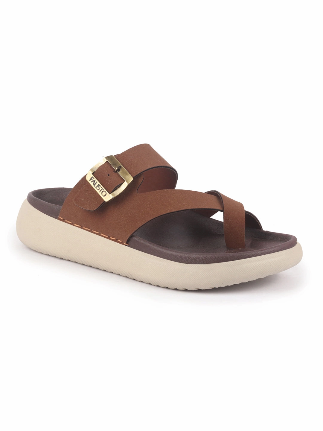 Birdies Slippers Men Tan Toe Ring Criss Cross Buckle Strap Side Stitched Waterproof Summer Slip On Sandals|Comfort Sole|Lightweight Slippers for Rainy Monsoon Season