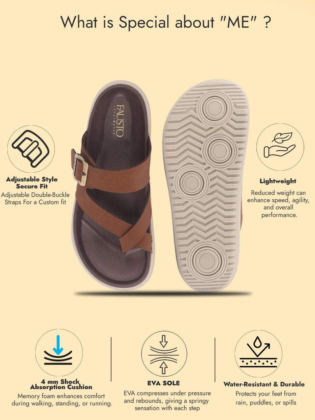 Poolside Slippers Men Tan Toe Ring Criss Cross Buckle Strap Side Stitched Waterproof Summer Slip On Sandals|Comfort Sole|Lightweight Slippers for Rainy Monsoon Season