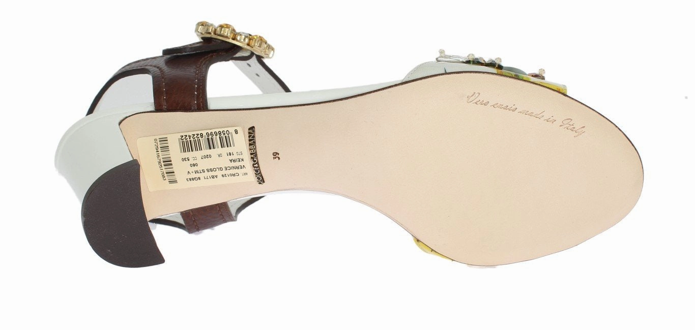 Leather Sole Sandals Multicolor Floral Print Crystal Strap Sandals