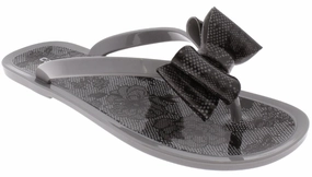 Ladies Grey Floral Pom Opaque Jelly Flip Flops Big Flower Flip Flops
