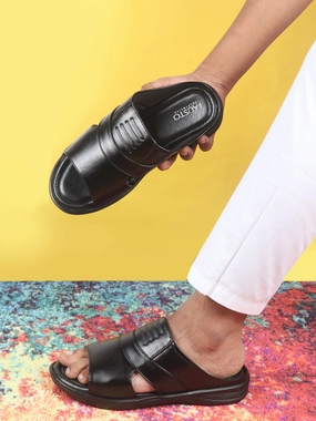 Burrow Slippers Men Black Daily Indoor Outdoor Comfort Stitched Design Open Toe Slip On Slipper